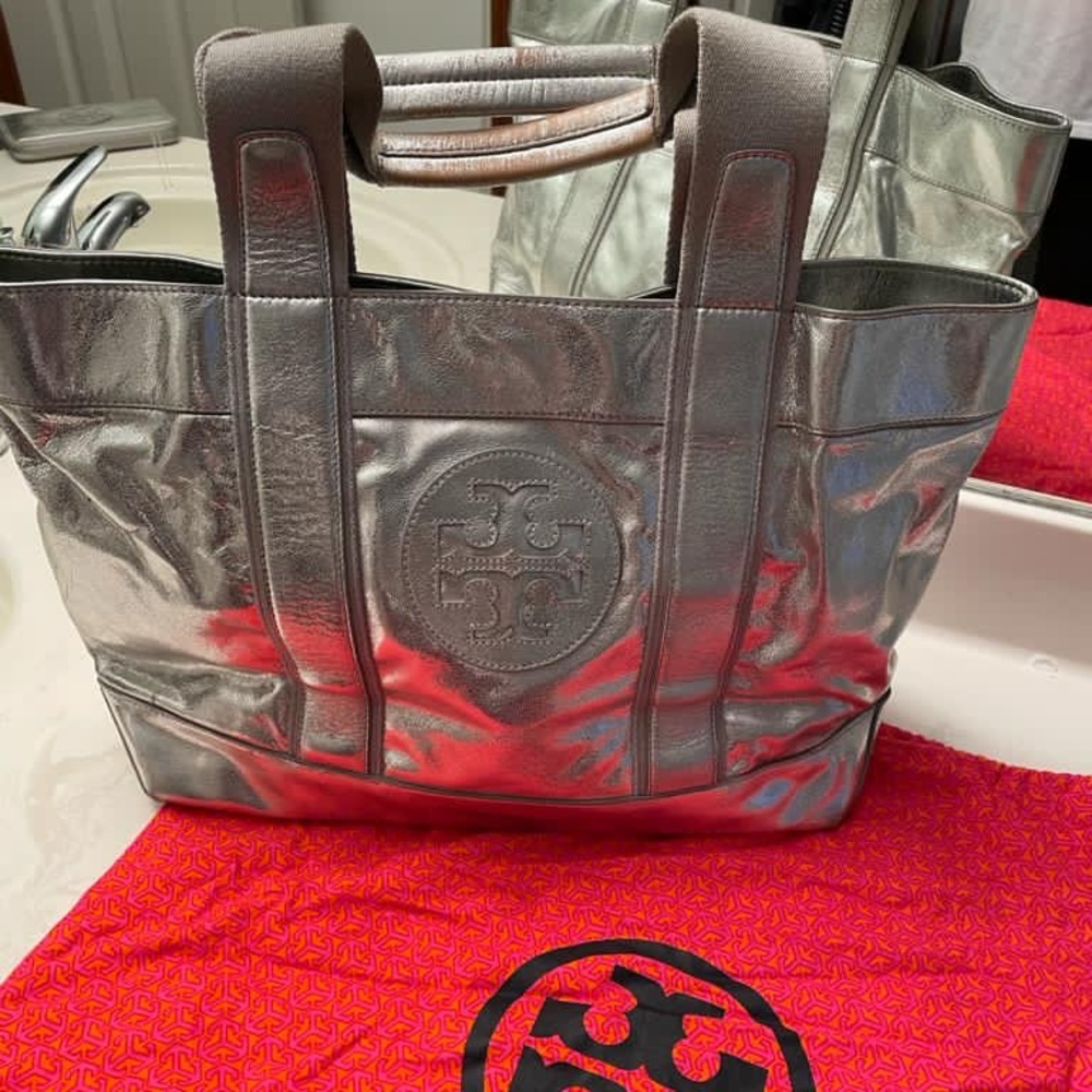 Tory Burch Silver Metallic Tote